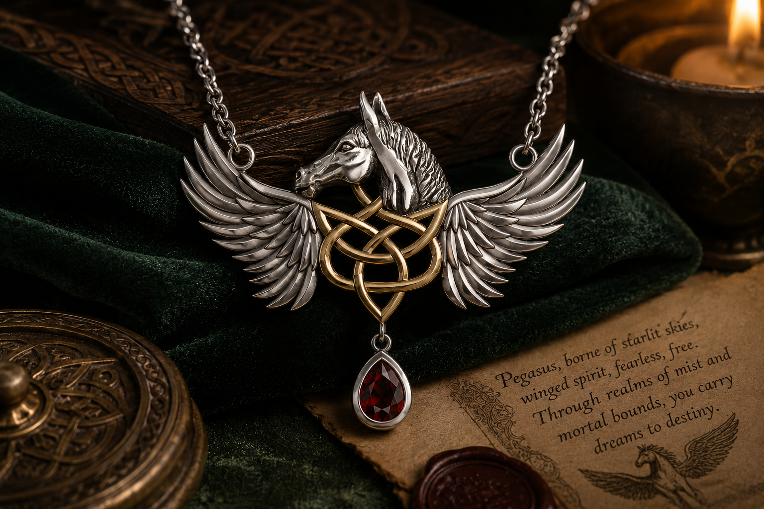 Celtic winged Pegasus horse sterling silver necklace with 14K gold accents and garnet gemstone displayed on dark green velvet beside a candle, carved box, and parchment