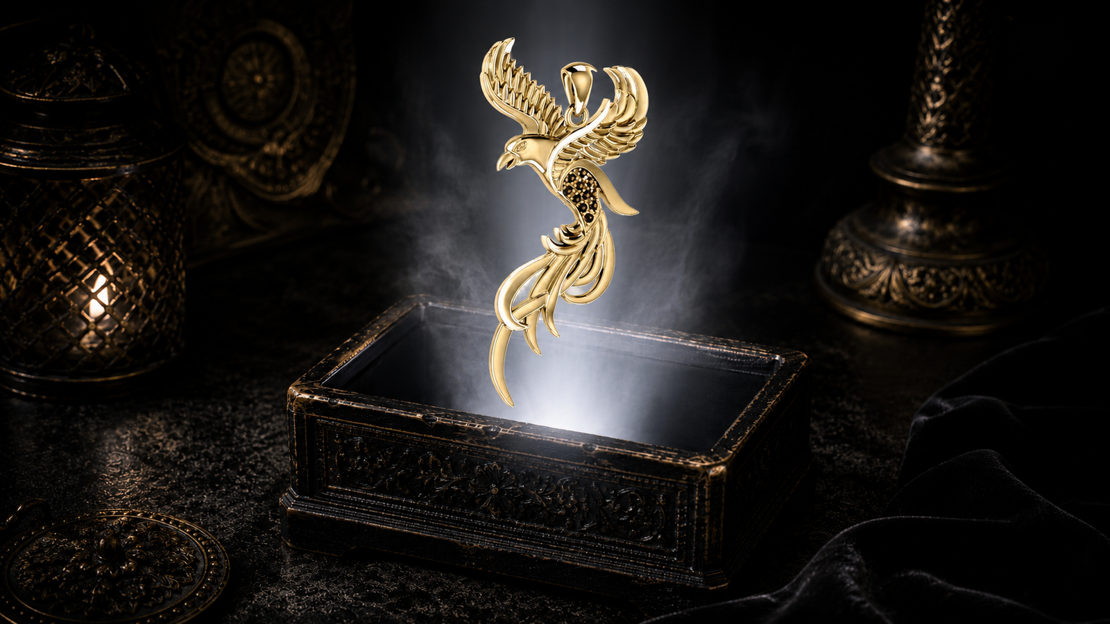 Solid gold phoenix pendant with authentic black spinel gemstone floating above an ornate black jewelry box with soft white glow, swirling mist, candlelit accents, and a dark luxurious mythic setting.