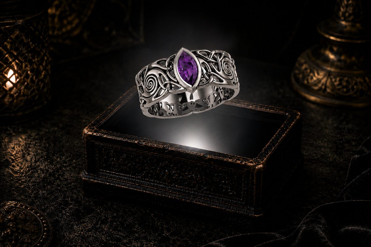 Sterling silver Celtic knot ring with amethyst gemstone floating above a glowing antique jewelry box in a dark fantasy-inspired luxury setting