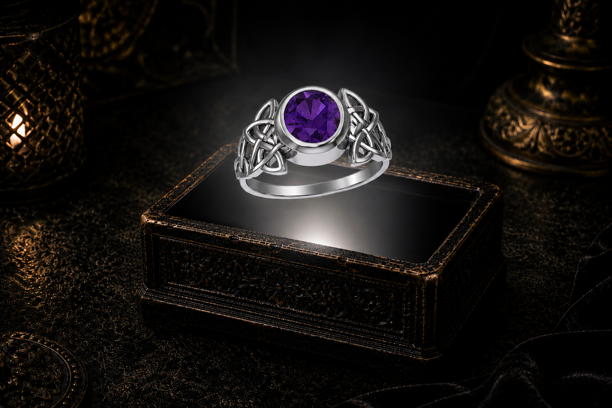 Sterling silver Celtic knot ring with amethyst gemstone hovering above an illuminated antique jewelry box in a dark cinematic fantasy setting