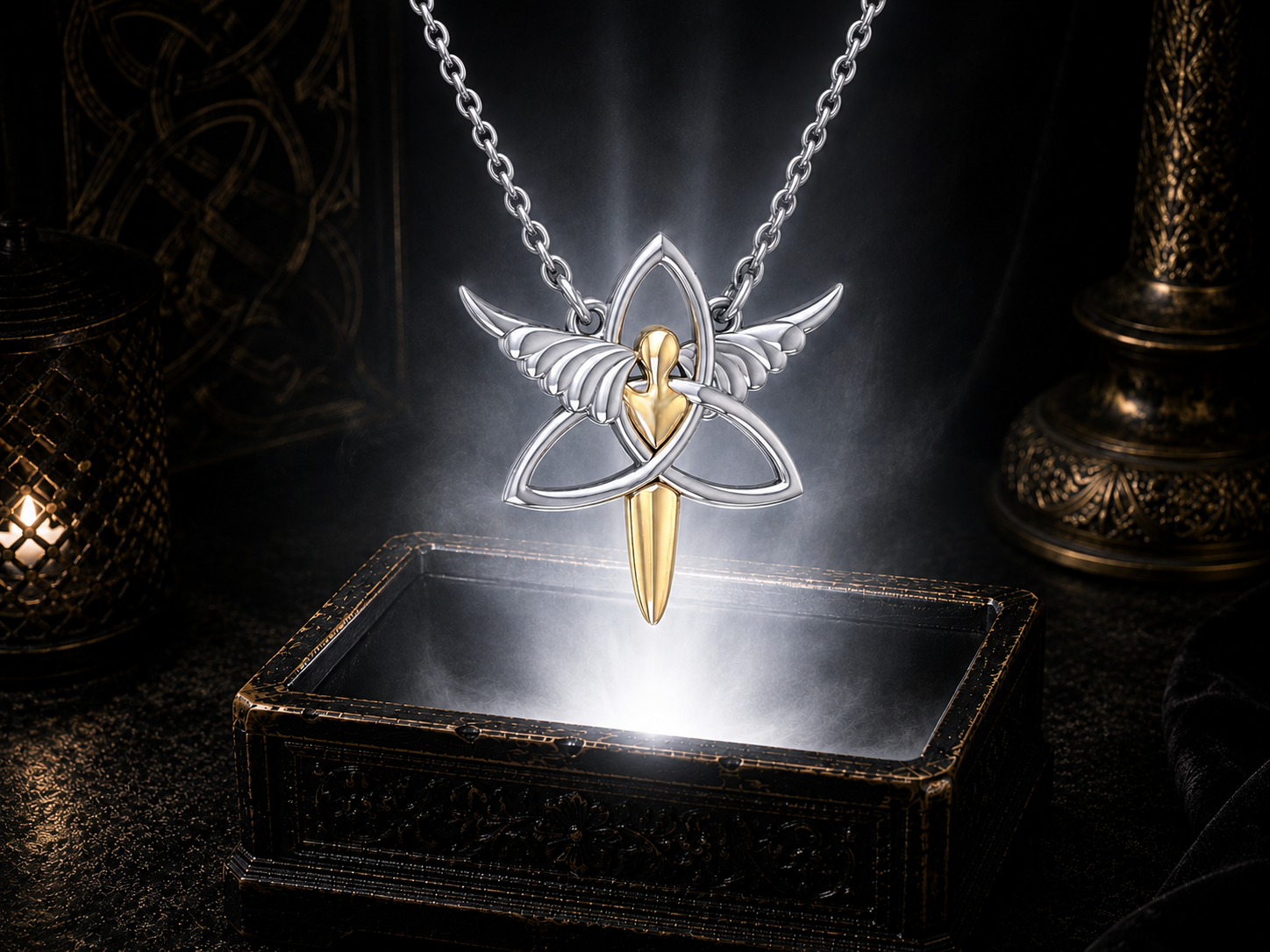 Sterling silver Celtic angel Trinity Knot necklace with 14K gold accents illuminated above an ornate jewelry box in a dark luxury setting