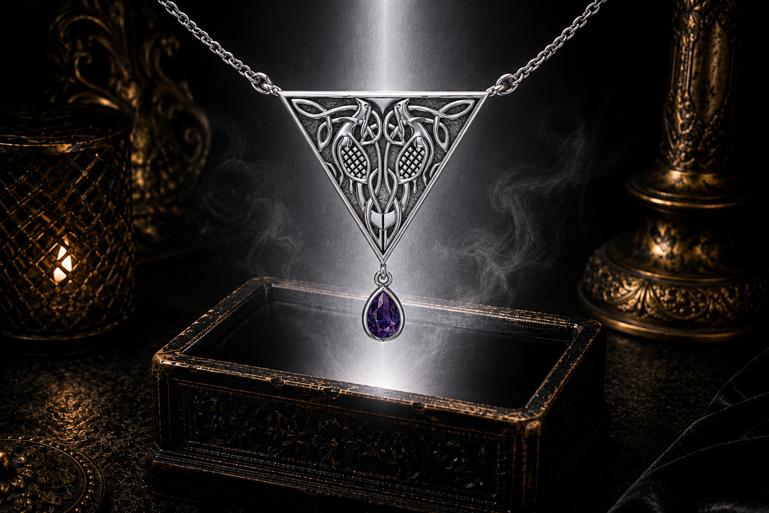 Sterling silver Celtic bird knotwork necklace with amethyst gemstone floating above an ornate jewelry box surrounded by soft glowing light in a dark luxury setting.