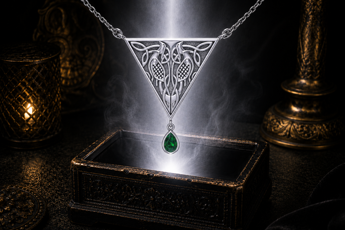 Sterling silver Celtic bird knotwork necklace with emerald green gemstone floating above an ornate dark jewelry box illuminated by mystical light in a luxurious atmosphere.
