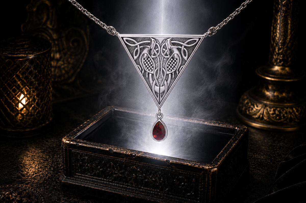 Sterling silver Celtic bird knotwork necklace with garnet gemstone suspended above an ornate jewelry box surrounded by warm glowing light and a rich cinematic backdrop.