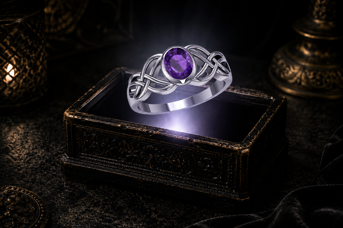 Sterling silver Celtic Birthstone Knot Ring with vibrant amethyst gemstone displayed on a dark cinematic luxury jewelry background