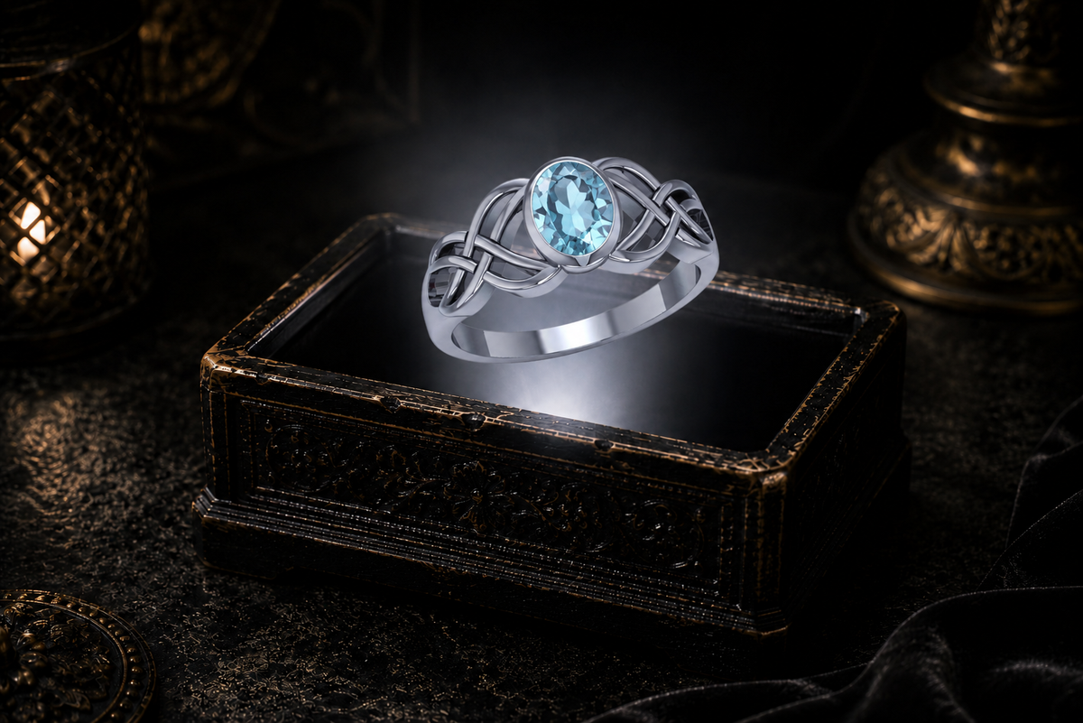 Sterling silver Celtic Birthstone Knot Ring with aquamarine glass gemstone displayed on a dark cinematic luxury jewelry background