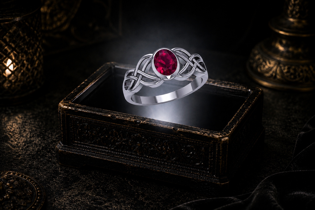 Sterling silver Celtic Birthstone Knot Ring with created ruby gemstone displayed on a dark cinematic luxury jewelry background