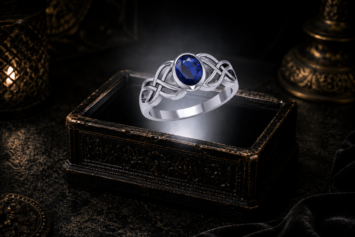 Sterling silver Celtic Birthstone Knot Ring with created sapphire gemstone displayed on a dark cinematic luxury jewelry background