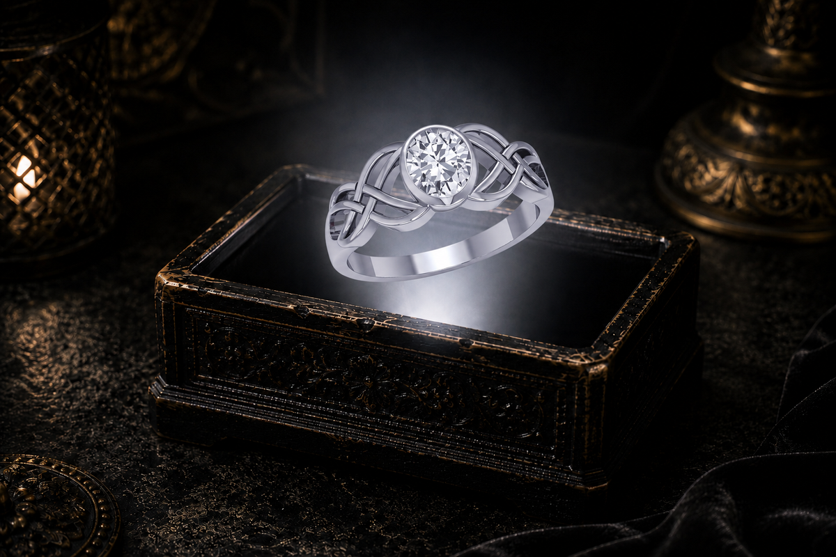Sterling silver Celtic Birthstone Knot Ring with cubic zirconia gemstone displayed on a dark cinematic luxury jewelry background