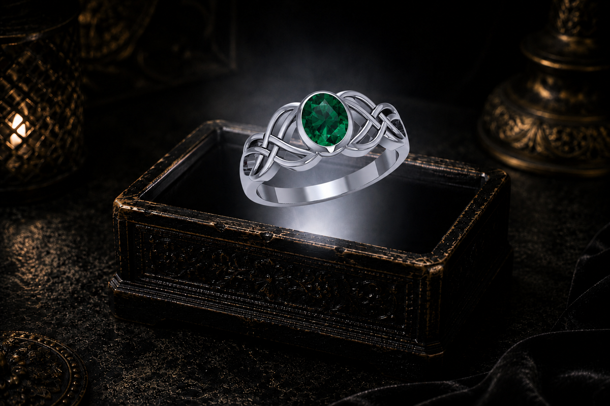 Sterling silver Celtic Birthstone Knot Ring with emerald glass gemstone displayed on a dark cinematic luxury jewelry background