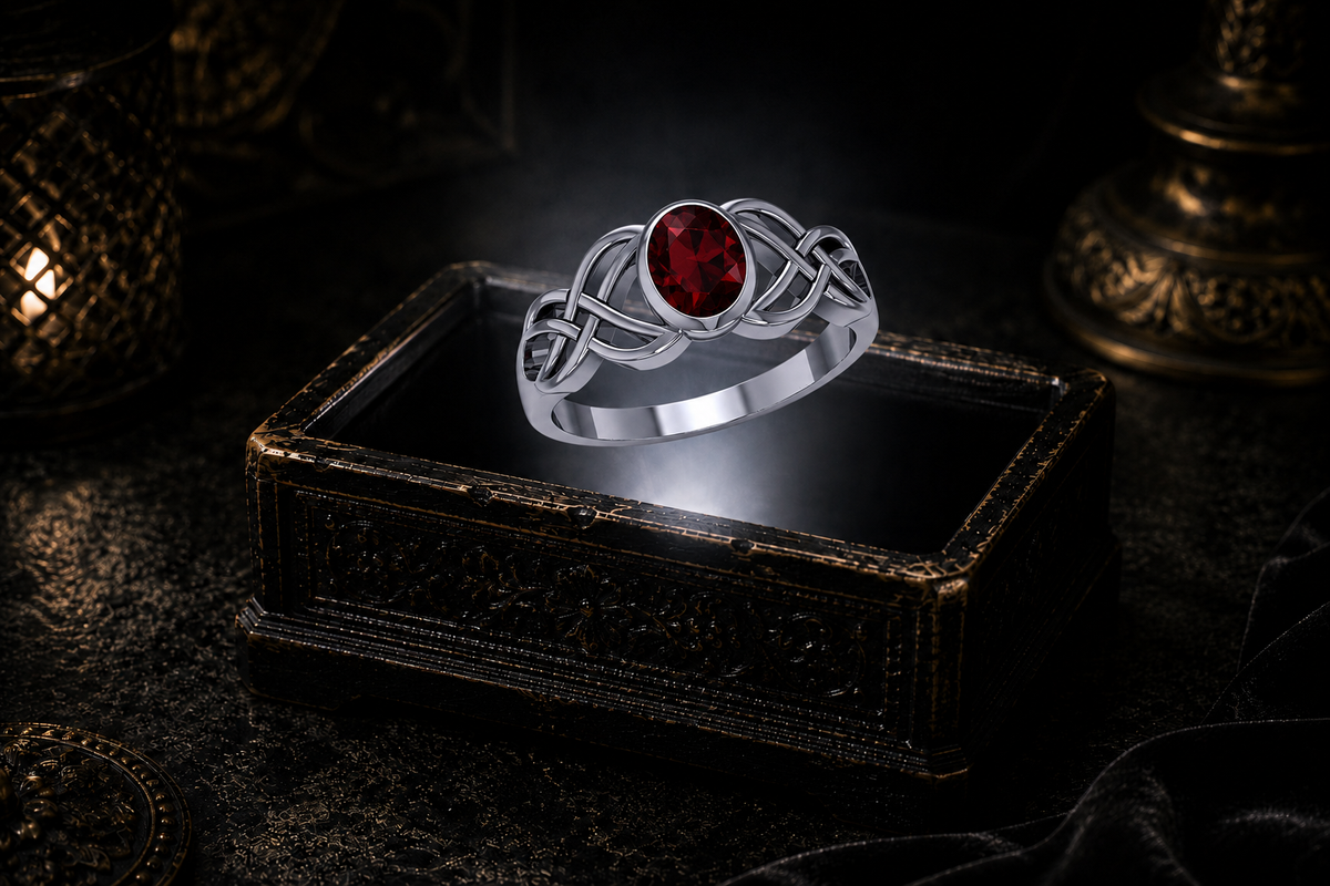 Sterling silver Celtic Birthstone Knot Ring with genuine garnet gemstone displayed on a dark cinematic luxury jewelry background