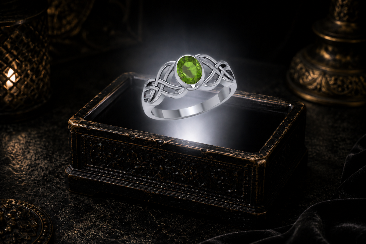 Sterling silver Celtic Birthstone Knot Ring with peridot gemstone displayed on a dark cinematic luxury jewelry background