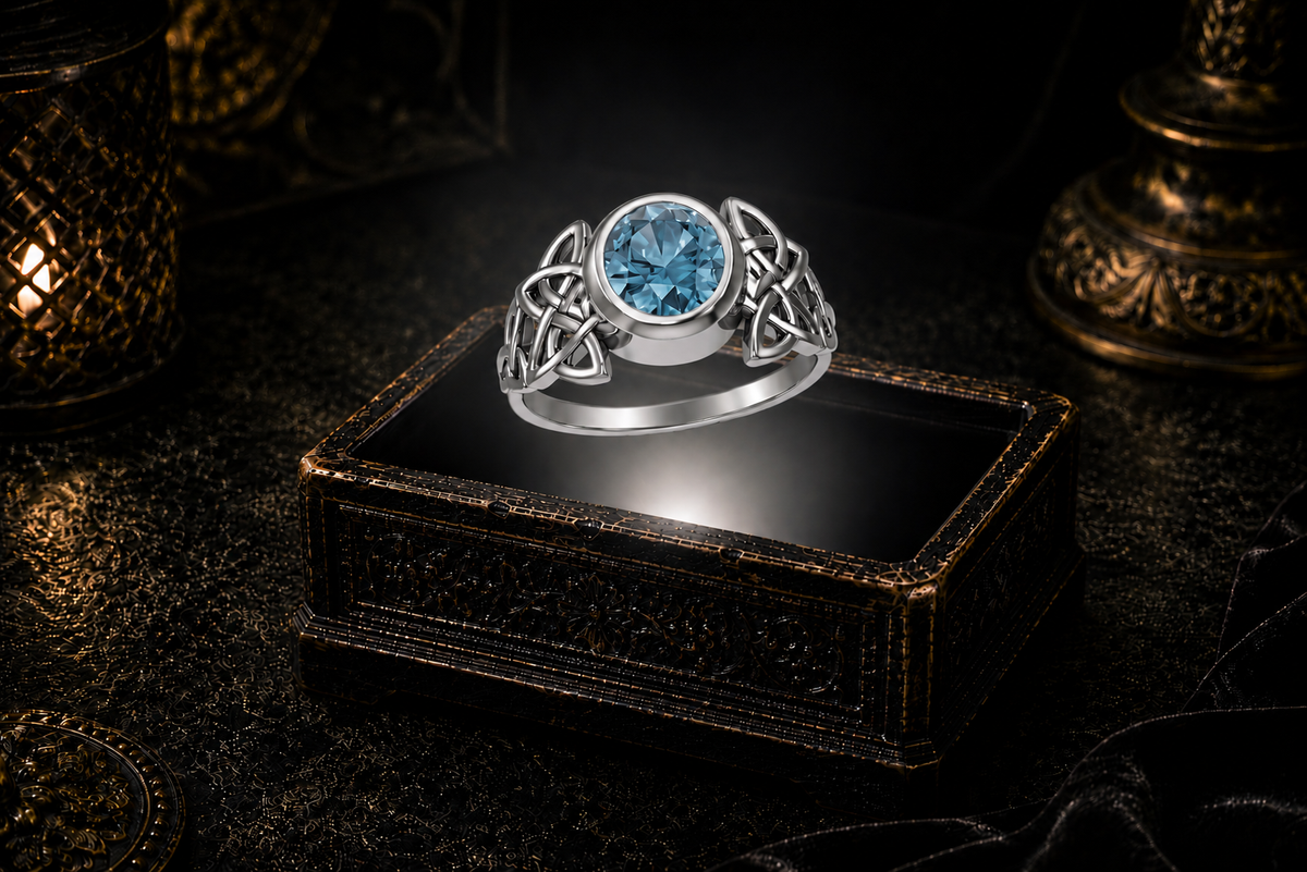 Sterling silver Celtic knot ring with blue topaz gemstone suspended above an illuminated antique jewelry box in a dark mystical luxury scene