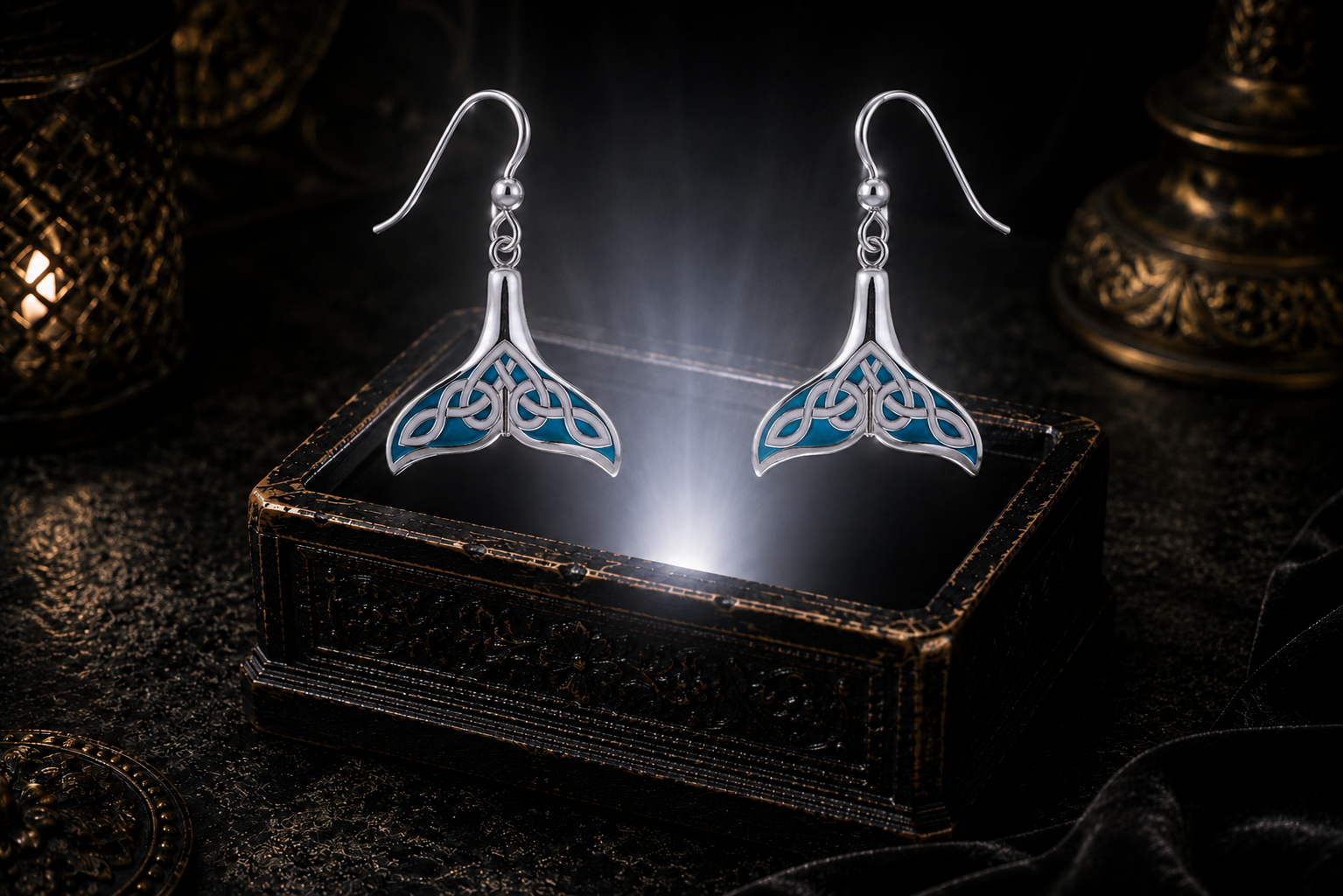 Sterling silver Celtic whale tail earrings with blue enamel accents displayed above an ornate dark jewelry box in an elegant moody setting.