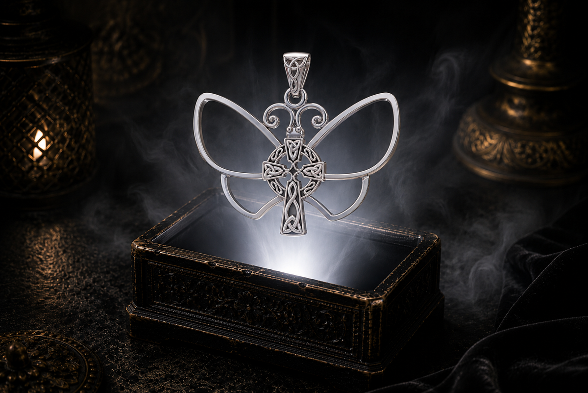 Sterling silver Celtic butterfly cross pendant floating above an ornate dark jewelry box illuminated by soft glowing light in a cinematic luxury setting with rich shadows and mystical atmosphere.