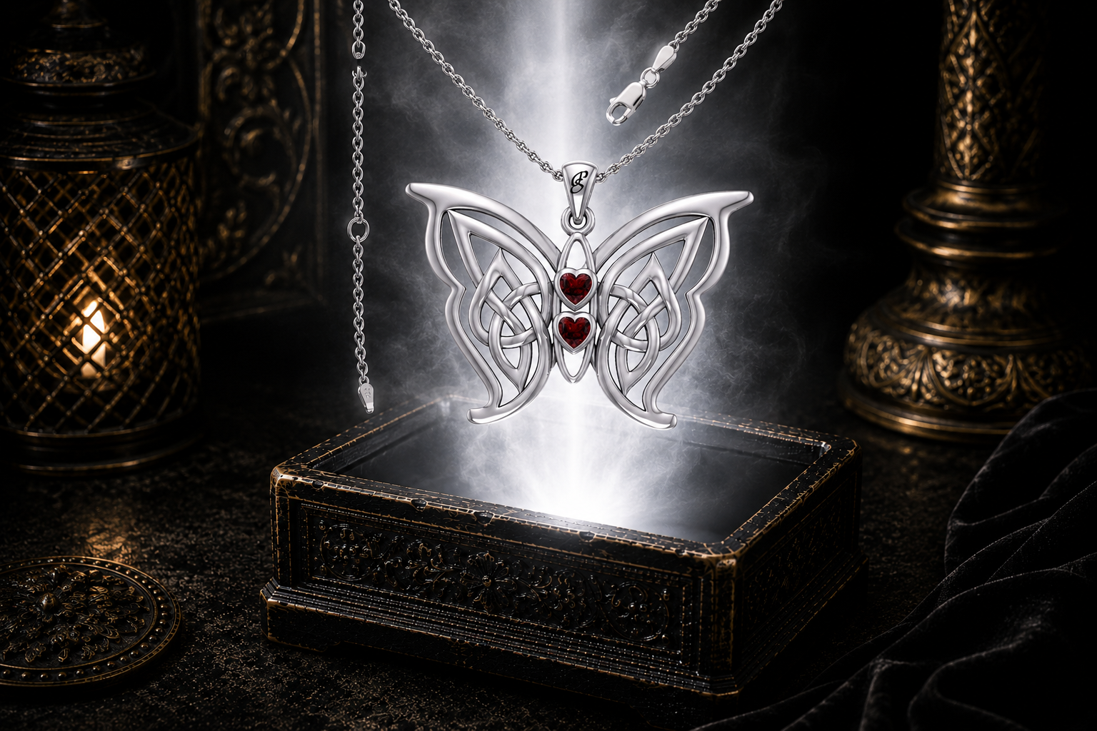 Sterling silver Celtic butterfly pendant with twin garnet heart gemstones floating above an ornate dark jewelry box surrounded by luminous white light and drifting mist in a cinematic luxury setting.