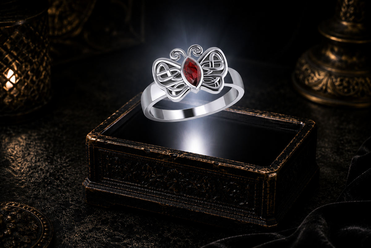 Sterling silver butterfly ring with Celtic knotwork and a marquise-cut garnet gemstone showcased above an antique jewelry chest in a cinematic luxury setting.