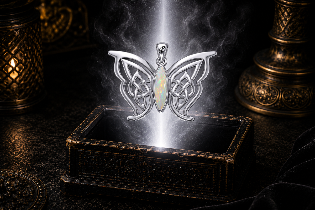 Sterling silver Celtic butterfly pendant with opal gemstone inlay floating above an ornate dark jewelry box surrounded by luminous white light in a cinematic luxury setting.