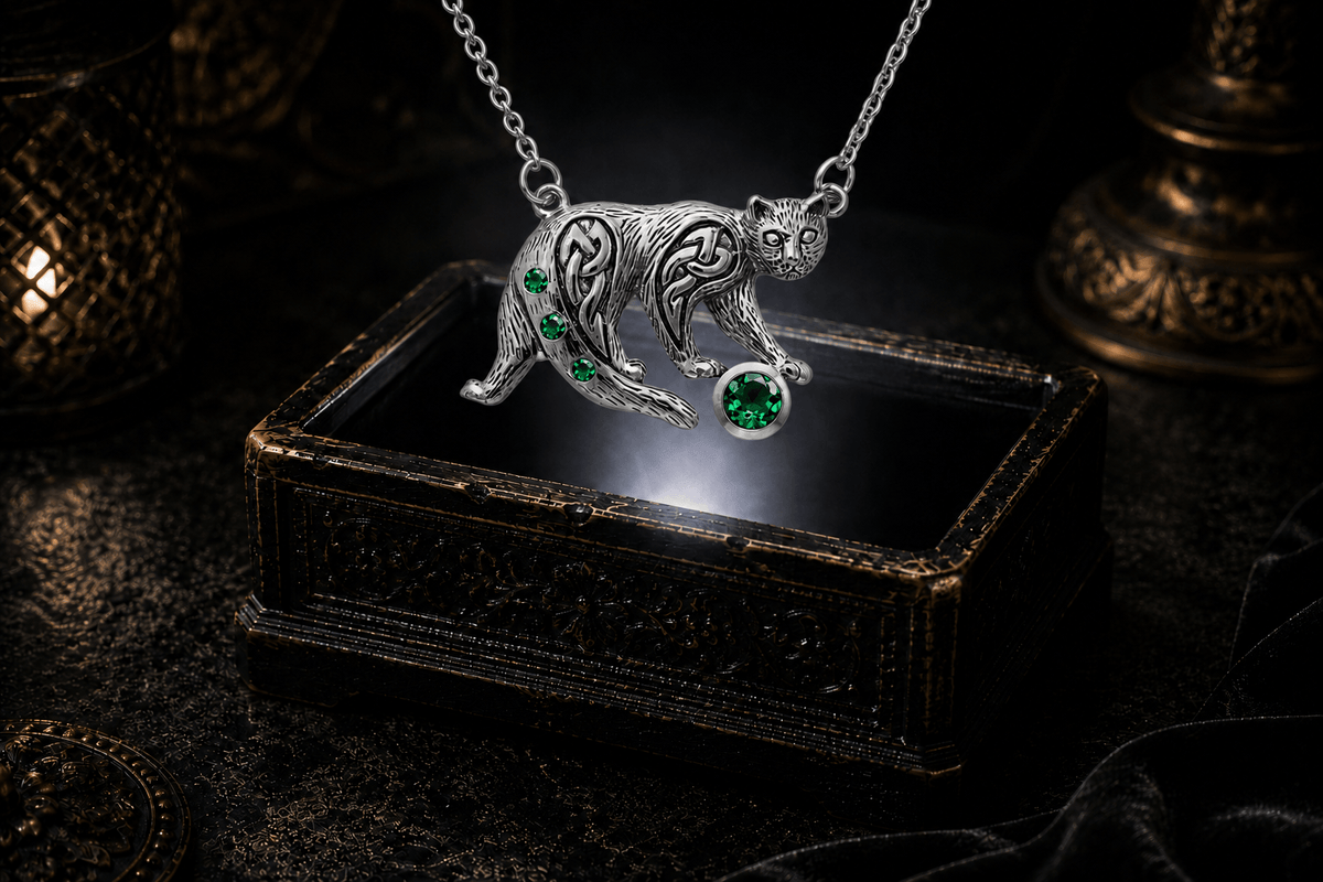 Celtic-style sterling silver cat necklace with green emerald glass stones following the long tail and a larger emerald ball by the front paws, suspended above an ornate keepsake box.