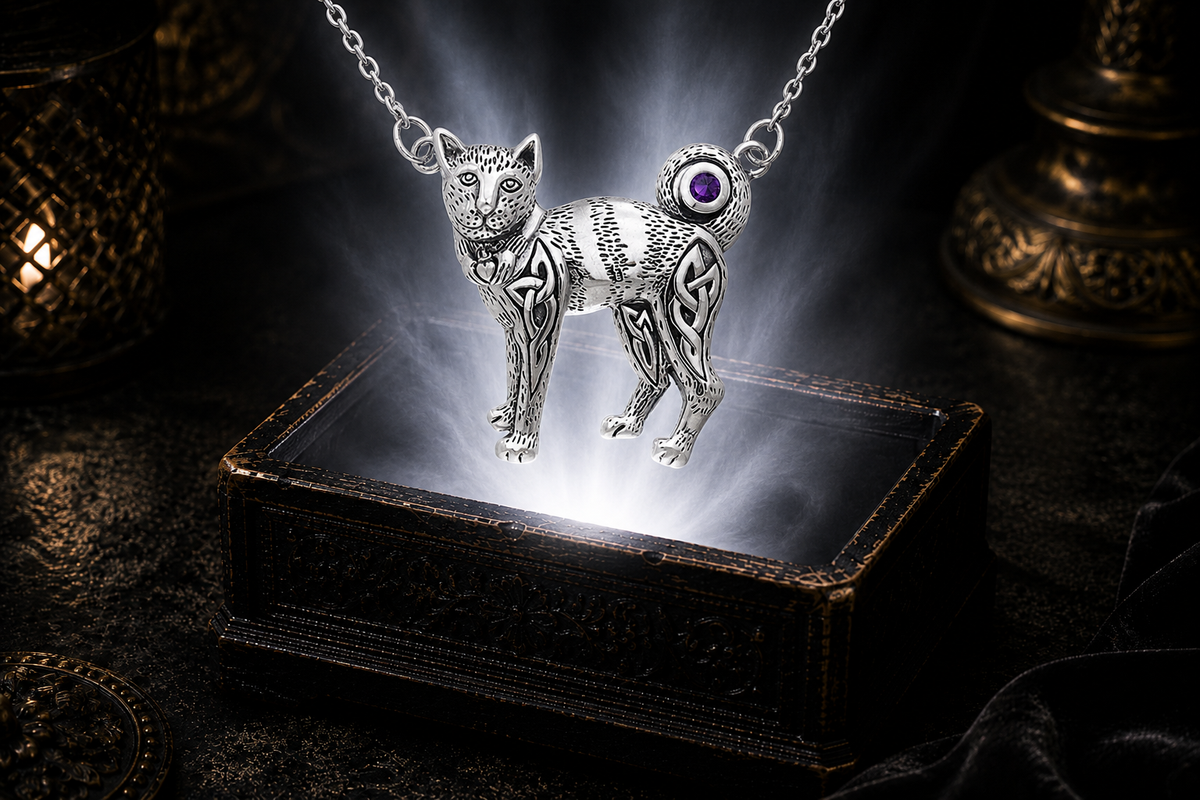 Sterling silver Celtic cat necklace with amethyst gemstone accent floating above a luminous ornate jewelry box in a dark cinematic luxury setting