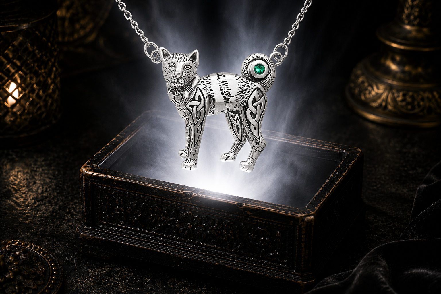 Sterling silver Celtic cat necklace with emerald glass gemstone accent illuminated above an ornate dark jewelry chest surrounded by mystical glowing light