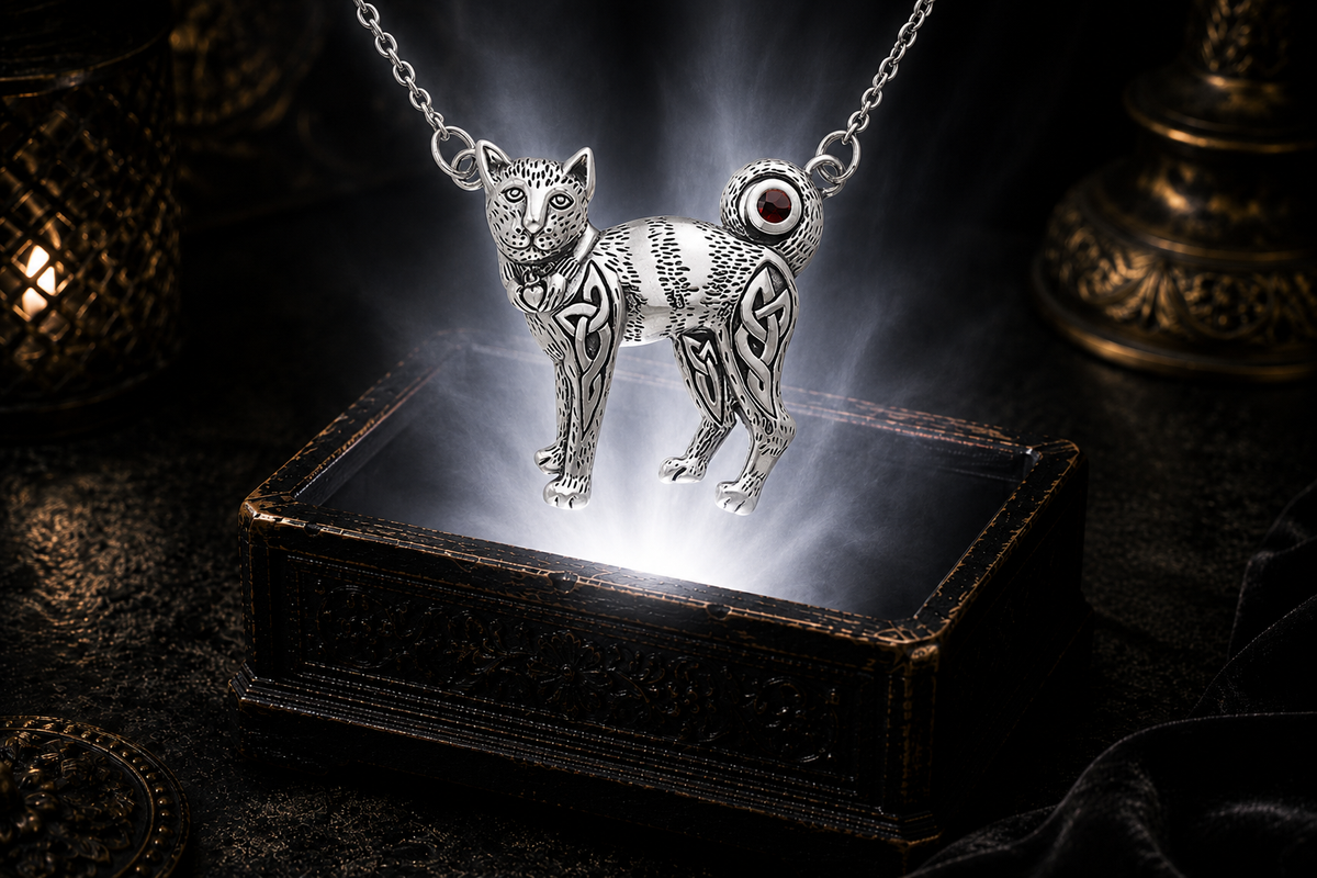 Sterling silver Celtic cat necklace with garnet gemstone accent displayed above an ornate jewelry box against a rich shadowed luxury backdrop