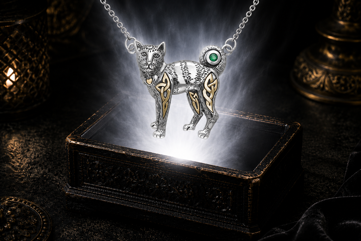 Sterling silver Celtic cat pendant necklace with 14K gold and emerald glass accent floating above a glowing ornate jewelry box in a dark cinematic luxury setting