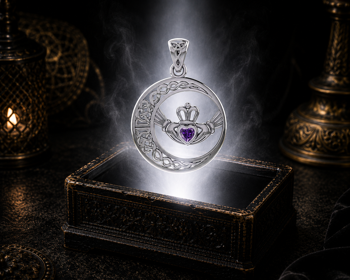 Sterling silver Irish Claddagh Moon pendant with amethyst heart gemstone floating above an ornate jewelry box surrounded by soft glowing light in a dark luxury setting, featuring Celtic knotwork and a graceful crescent moon.