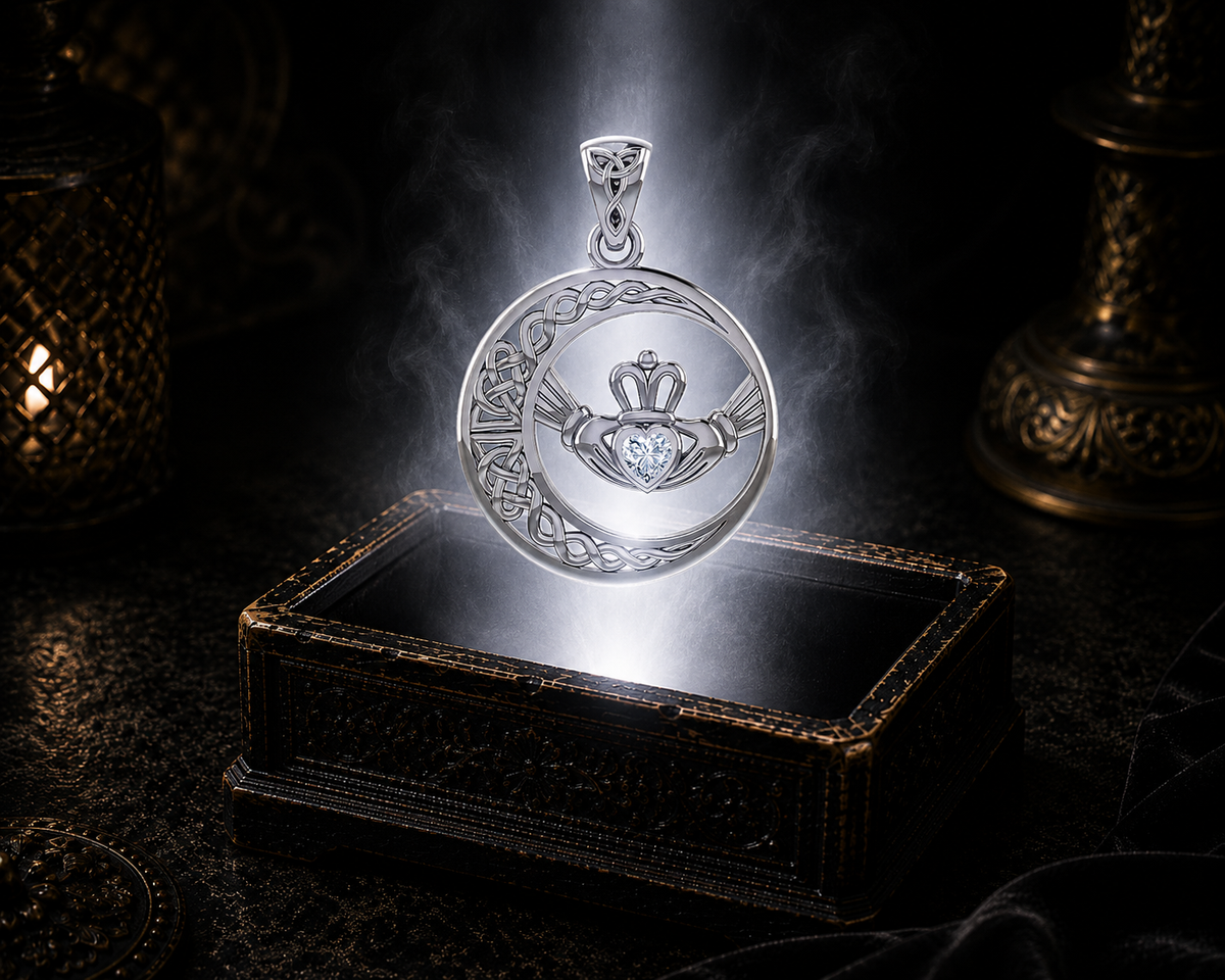 Sterling silver Irish Claddagh Moon pendant with cubic zirconia heart gemstone floating above a luminous jewelry chest against a dark luxury backdrop with soft glowing light, featuring a crescent moon and Claddagh motif.