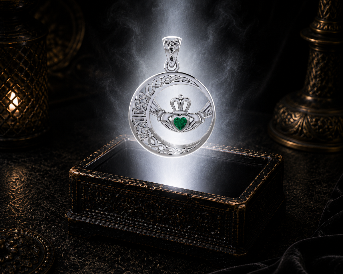 Sterling silver Irish Claddagh Moon pendant with emerald glass heart gemstone floating above an ornate dark jewelry box illuminated by mystical light in a luxury environment, featuring a crowned heart within a Celtic crescent moon.