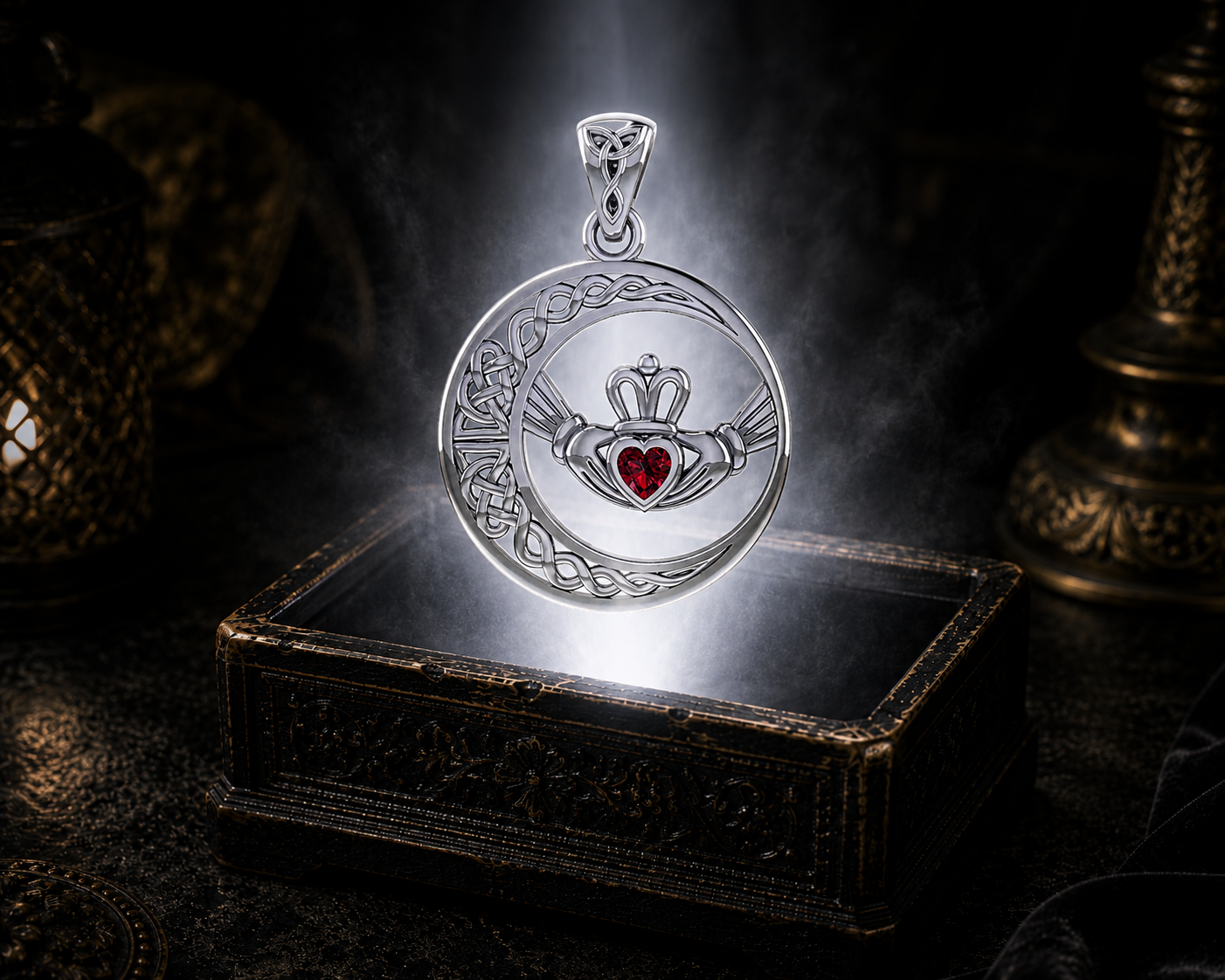 Sterling silver Irish Claddagh Moon pendant with garnet heart gemstone suspended above an ornate jewelry box surrounded by radiant light in a dark luxury setting, highlighting Celtic knotwork and traditional Claddagh symbolism.