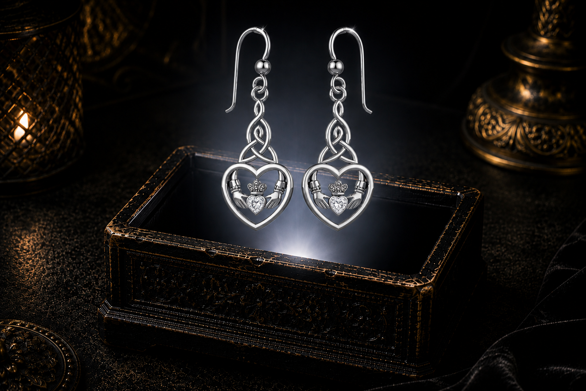 Sterling silver Celtic Claddagh Trinity knot heart earrings with cubic zirconia gemstones floating above a glowing ornate jewelry box in a dark luxury setting
