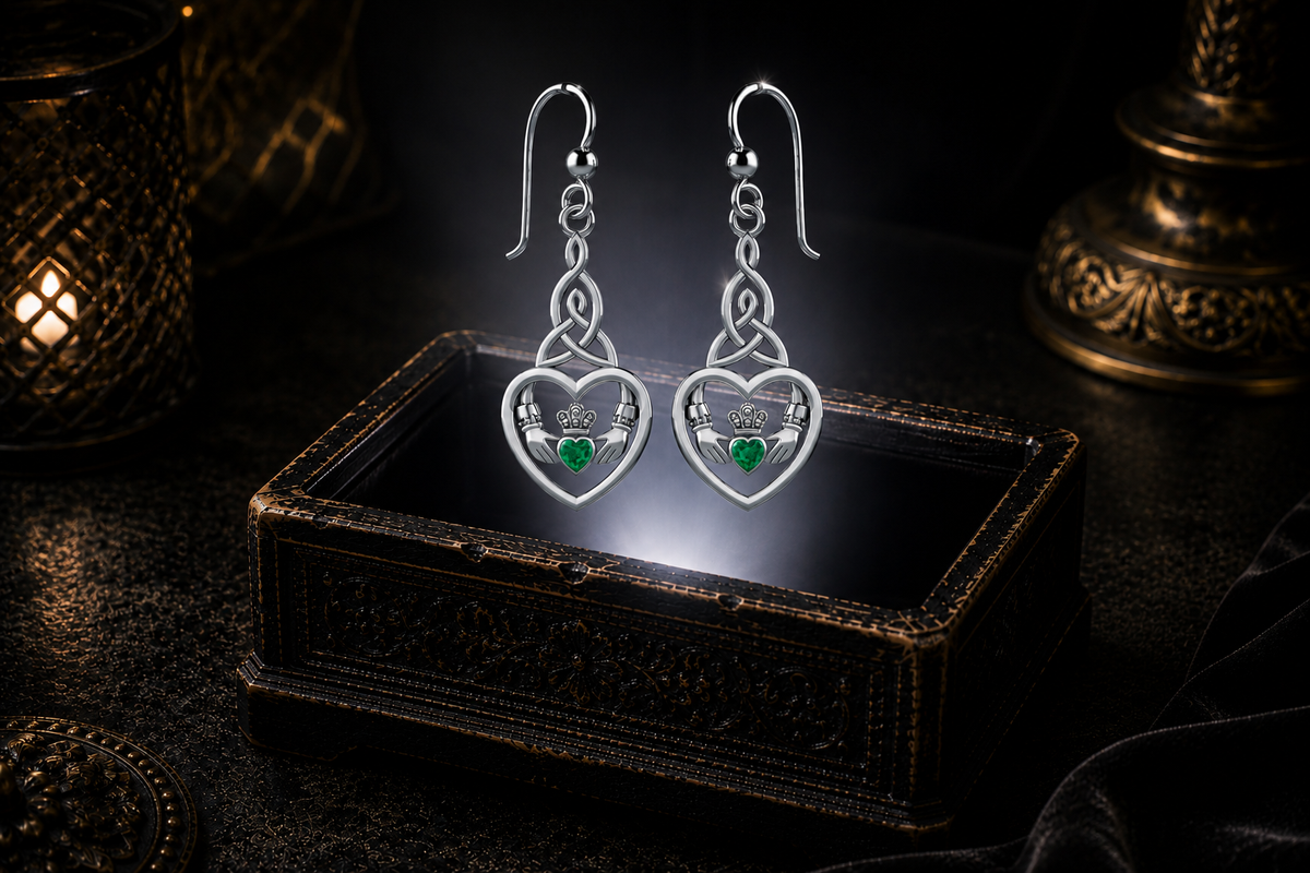 Sterling silver Celtic Claddagh Trinity knot heart earrings with emerald glass gemstones floating above a glowing ornate jewelry box in a dark luxury setting