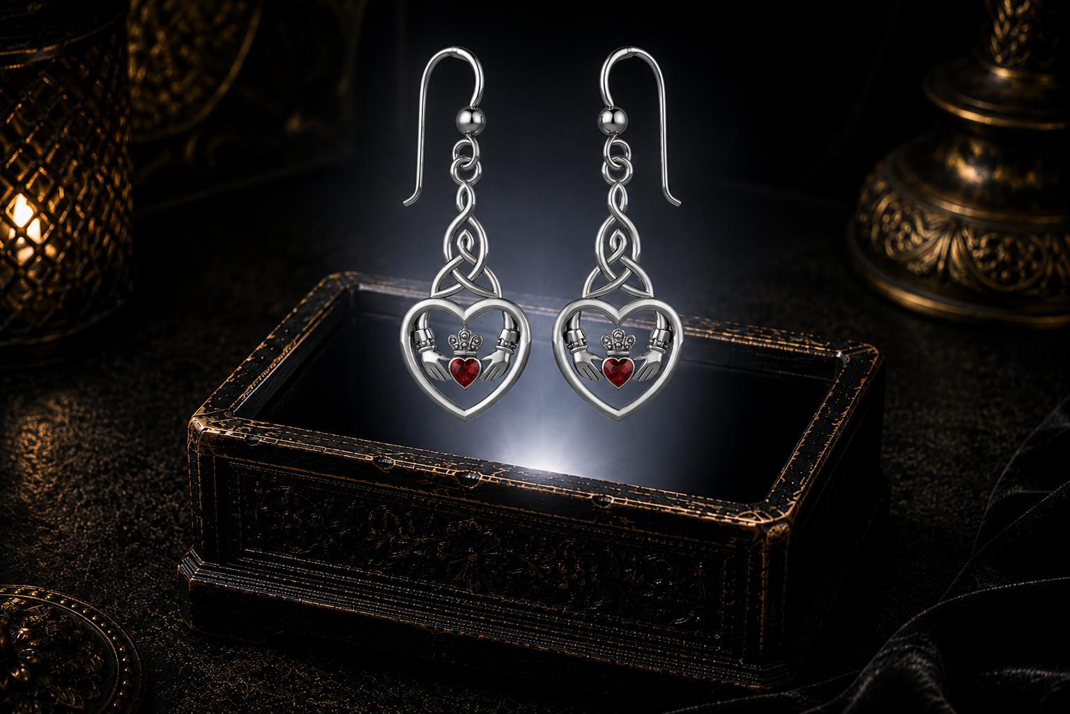 Sterling silver Celtic Claddagh Trinity knot heart earrings with garnet gemstones floating above a glowing ornate jewelry box in a dark luxury setting