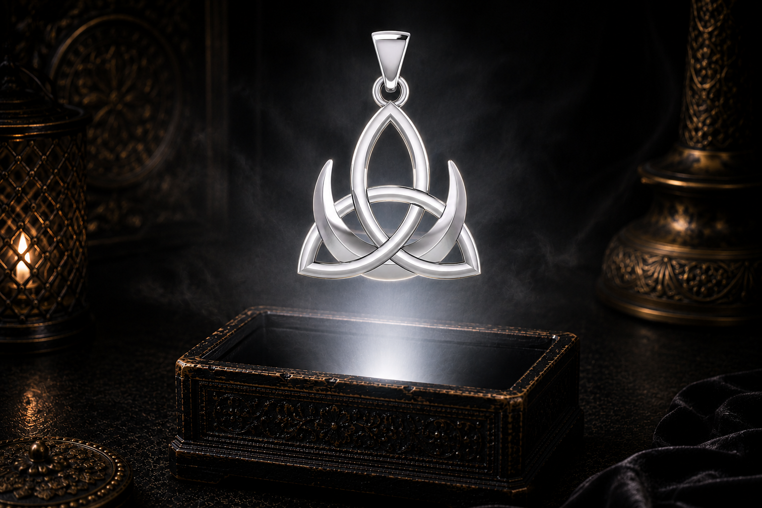 Sterling silver Celtic Crescent Moon pendant cradled by a Trinity Knot floating above an ornate jewelry box surrounded by radiant light in a dark luxury setting, showcasing timeless Celtic symbolism and polished craftsmanship.