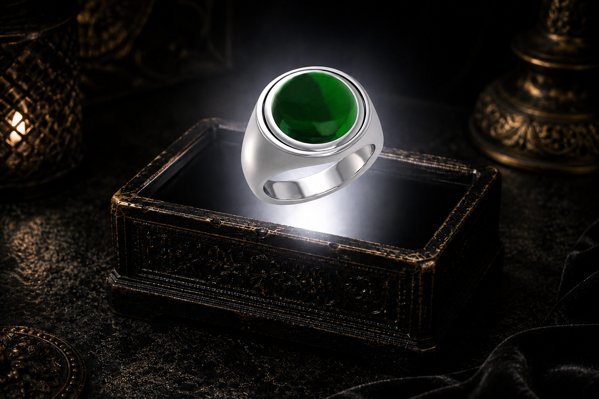 Sterling silver Celtic Crescent Moon flip ring with vibrant Emerald Glass gemstone displayed on a dark cinematic luxury jewelry background