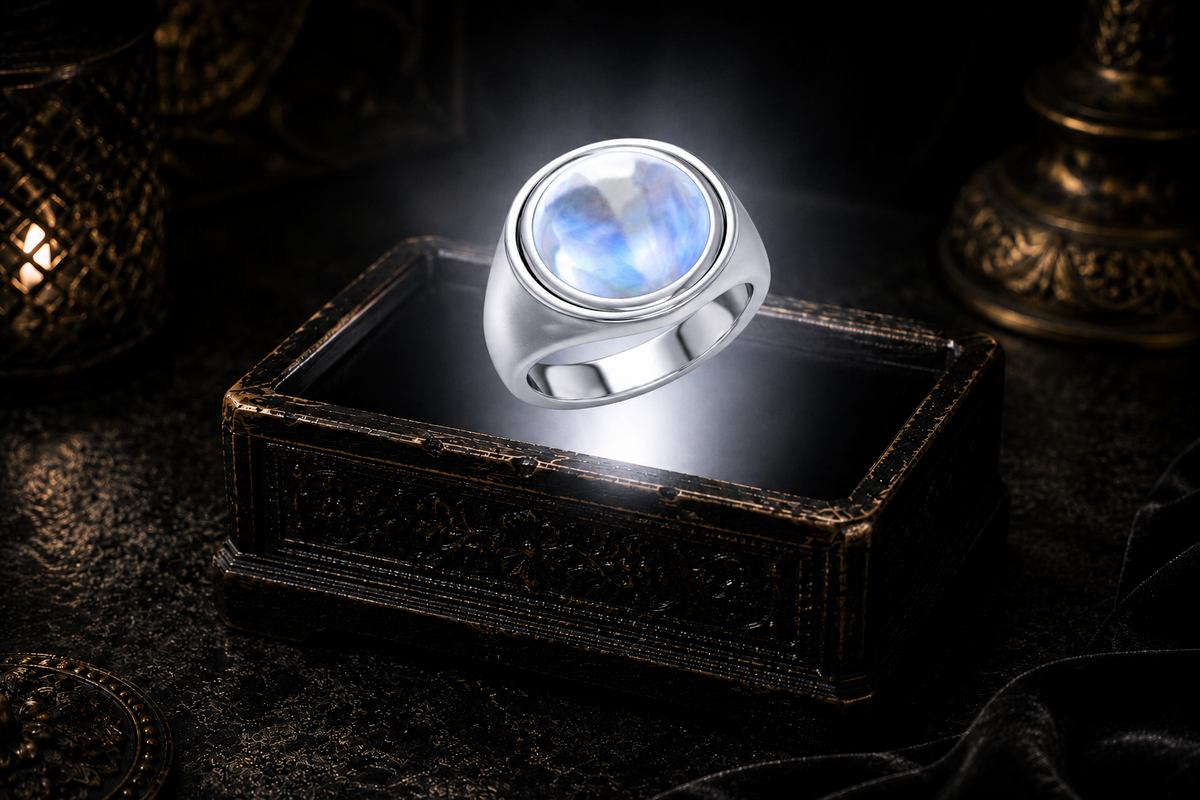 Sterling silver Celtic Crescent Moon flip ring with luminous Moonstone gemstone displayed on a dark cinematic luxury jewelry background