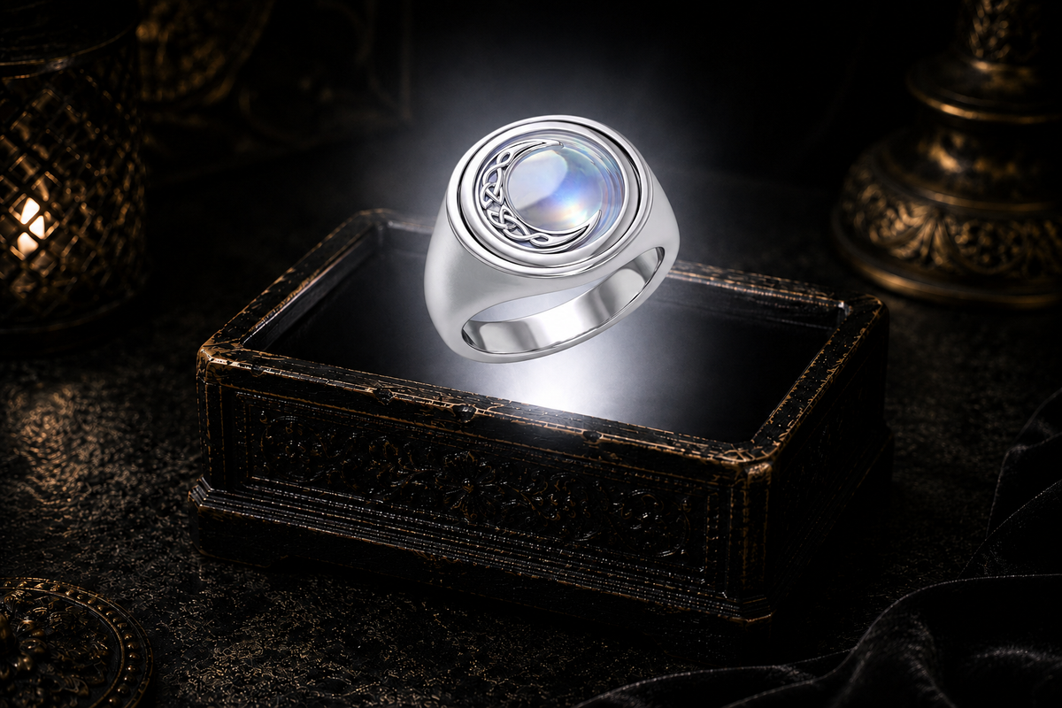 Sterling silver Celtic Crescent Moon flip ring with luminous Rainbow Moonstone gemstone displayed on a dark cinematic luxury jewelry background