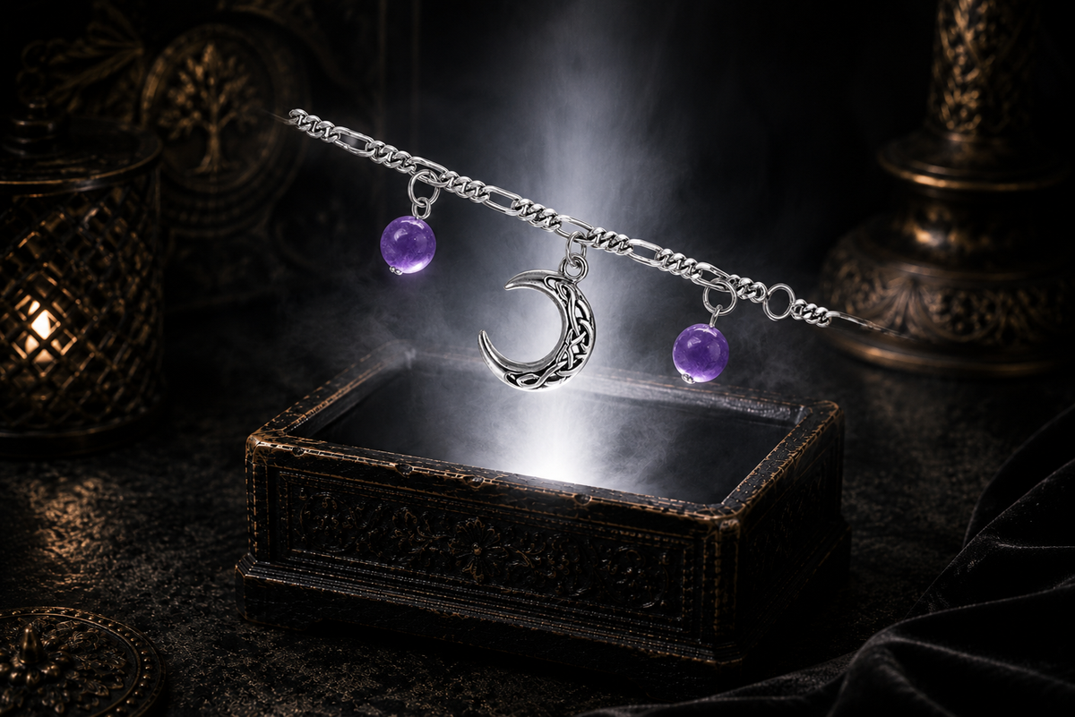 Sterling silver Celtic crescent moon bracelet with amethyst gemstones floating above an ornate jewelry box illuminated by soft white light in a dark luxury setting with mystical lunar symbolism, cinematic atmosphere, and refined celestial elegance.