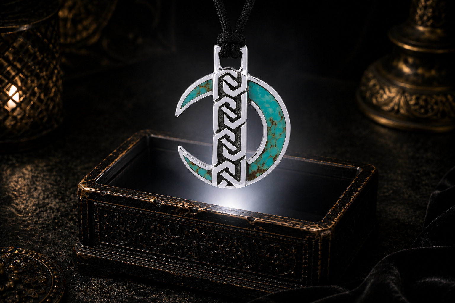 Sterling silver Celtic crescent moon pendant with turquoise inlay and artisan knotwork floating above an ornate jewelry box in a dark cinematic luxury setting illuminated by a soft mystical glow.