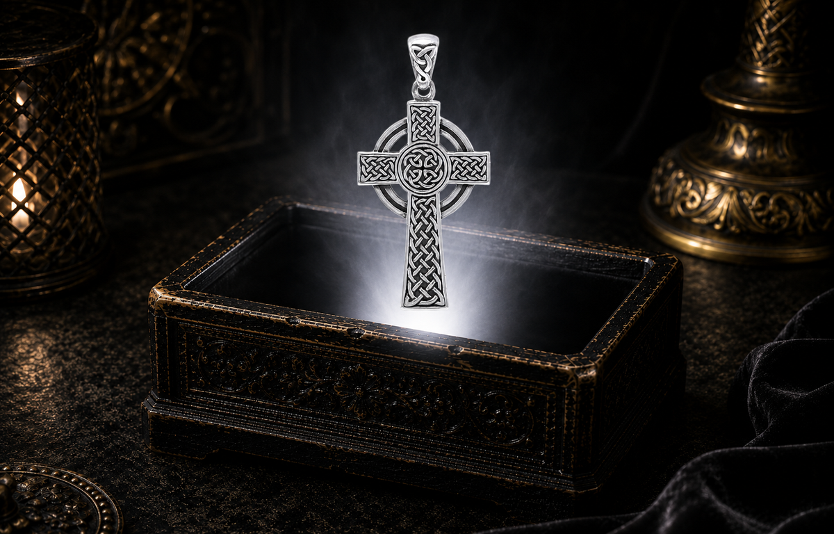 Sterling Silver Celtic Cross Halo pendant featuring traditional Celtic knotwork, a circular halo, and an interlaced center medallion.