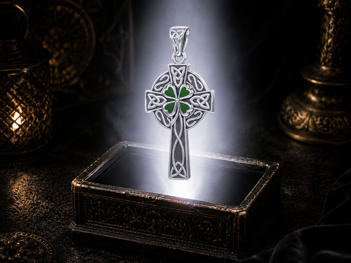 Sterling silver Celtic Cross pendant with a green Four Leaf clover centerpiece floating above an ornate jewelry box surrounded by soft glowing light in a dark luxury setting, featuring intricate Celtic knotwork and a circular Celtic cross design.