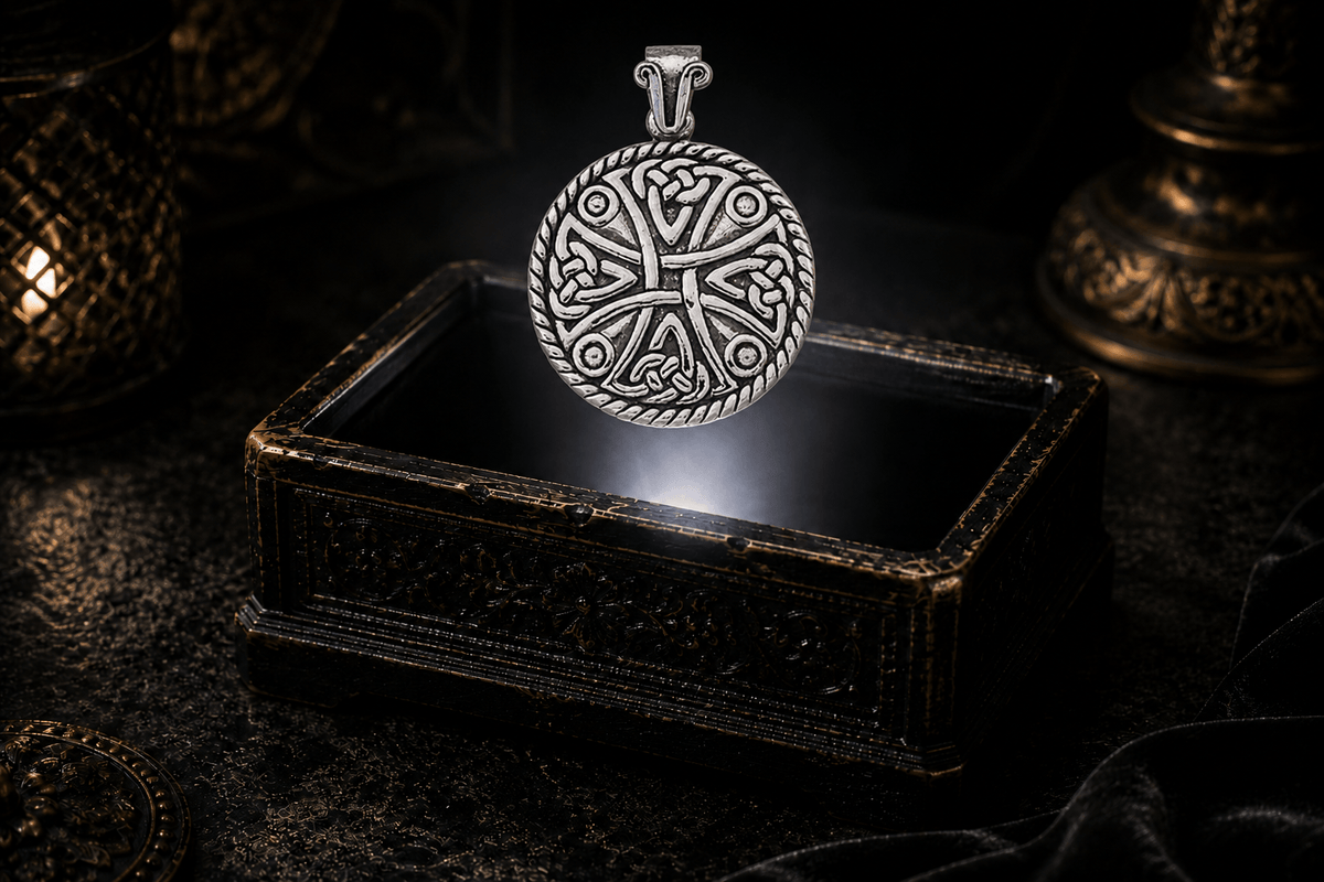 Round sterling silver Celtic cross medallion pendant with raised knotwork, circular accents and a twisted rope-style border hovering above an antique jewelry box within a neutral white beam of light.