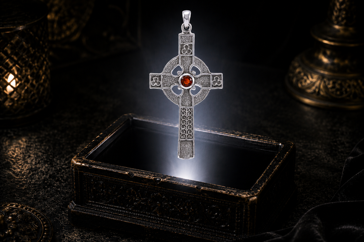 Medieval sterling silver Celtic cross pendant with genuine garnet center, trefoil accents, raised edges, and repeating ornament along the lower shaft.
