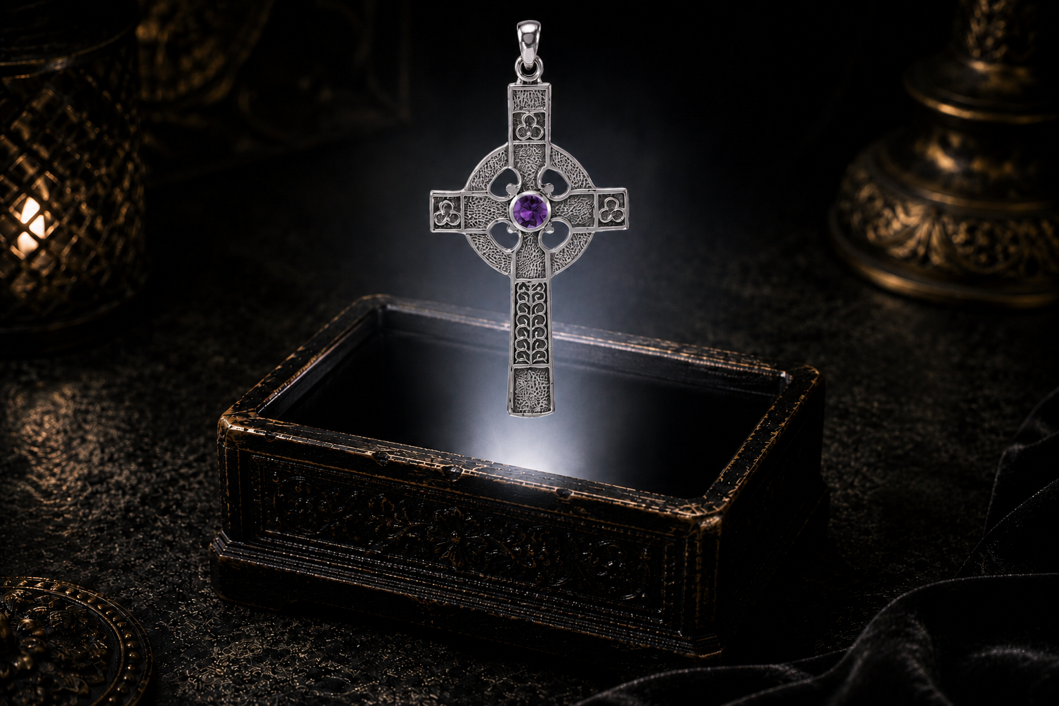 Sterling silver medieval Celtic cross pendant with genuine amethyst center, trefoil motifs, textured metalwork, and openwork detailing.