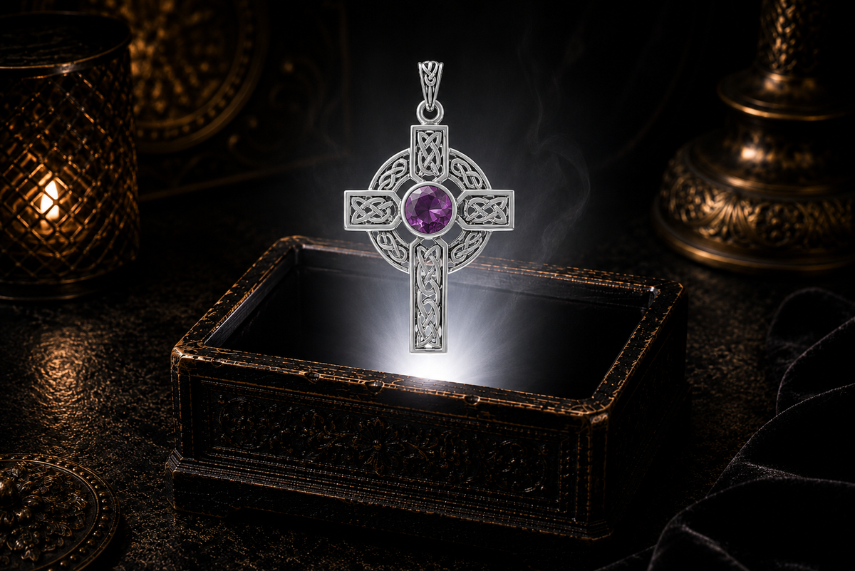 Sterling silver Celtic Cross pendant with an amethyst gemstone floating above an ornate jewelry box in a refined dark luxury setting with warm candlelight, cinematic lighting, and a mystical atmosphere.