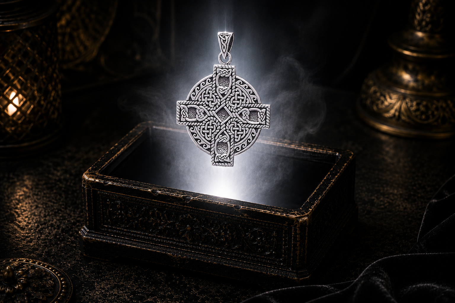 Sterling Silver Celtic Cross Pendant with intricate Celtic knotwork and a circular halo featuring Celtic spiral scrollwork, floating above an ornate jewelry box in a refined dark luxury setting with warm candlelight, cinematic lighting, and a mystical atmosphere.