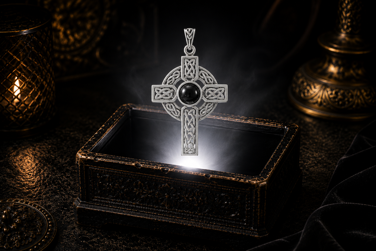 Sterling silver Celtic Cross pendant with a created black onyx gemstone floating above an ornate jewelry box in a refined dark luxury setting with warm candlelight, cinematic lighting, and a mystical atmosphere.