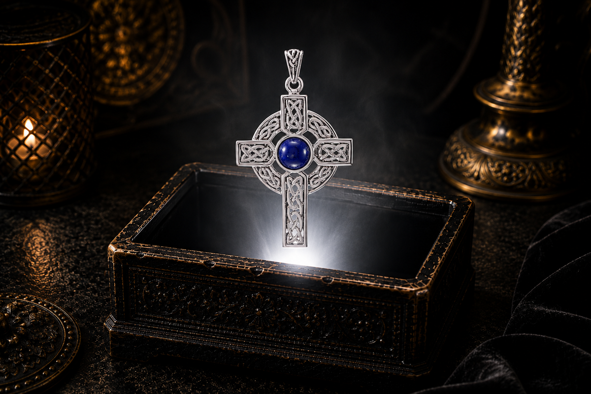 Sterling silver Celtic Cross pendant with a created lapis gemstone floating above an ornate jewelry box in a refined dark luxury setting with warm candlelight, cinematic lighting, and a mystical atmosphere.