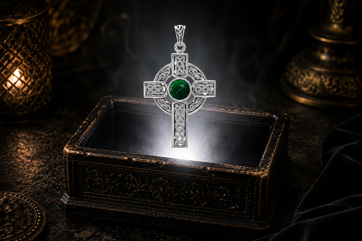 Sterling silver Celtic Cross pendant with a created malachite gemstone floating above an ornate jewelry box in a refined dark luxury setting with warm candlelight, cinematic lighting, and a mystical atmosphere.